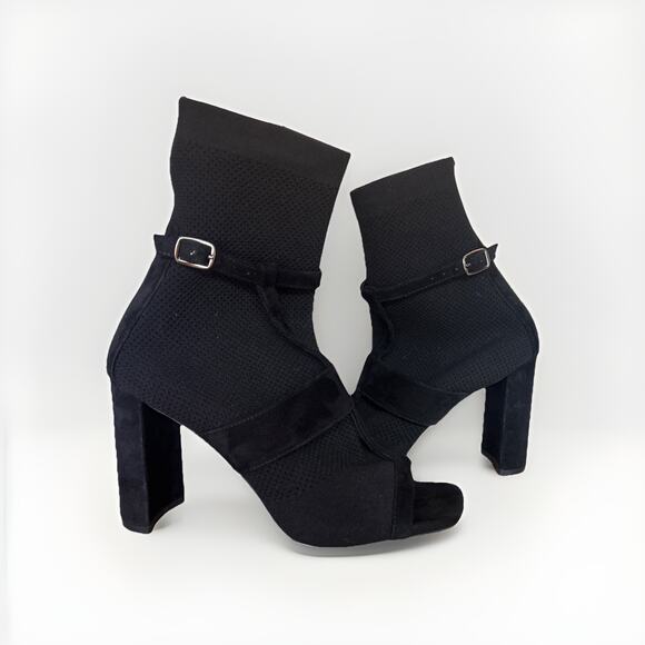 Jeffrey Campbell Stretch Bootie Peep Square Toe Heel Black Sz 7.5 - Picture 1 of 7
